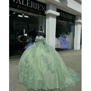 Long Sleeve Sage Green Quinceanera Dresses Strapless Sweetheart Neck 15 Dress With 3D Flowers