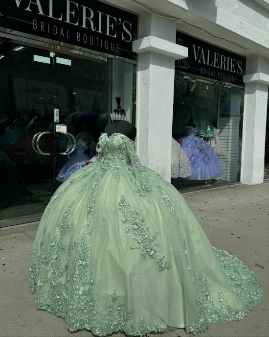 Long Sleeve Sage Green Quinceanera Dresses Strapless Sweetheart Neck 15 Dress With 3D Flowers