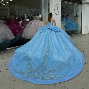 Long Sleeve Sky Blue Quinceanera Dresses Off Shoulder Ball Gown Crystal 15 Dress With Bow