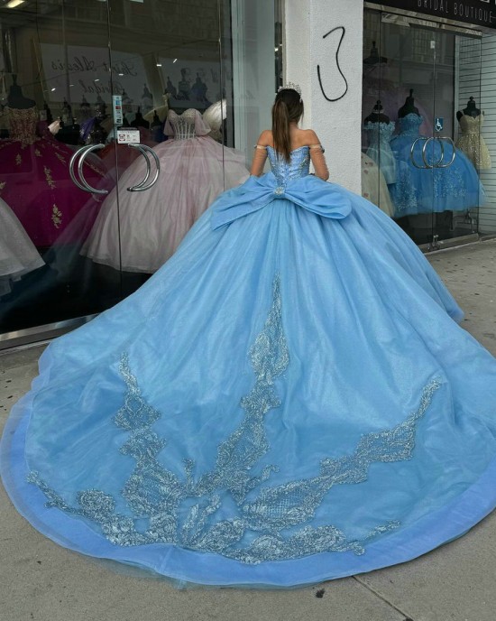 Long Sleeve Sky Blue Quinceanera Dresses Off Shoulder Ball Gown Crystal 15 Dress With Bow