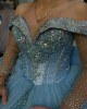 Long Sleeve Sky Blue Quinceanera Dresses Off Shoulder Ball Gown Crystal 15 Dress With Bow