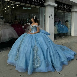 Long Sleeve Sky Blue Quinceanera Dresses Off Shoulder Ball Gown Crystal 15 Dress With Bow