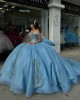 Long Sleeve Sky Blue Quinceanera Dresses Off Shoulder Ball Gown Crystal 15 Dress With Bow