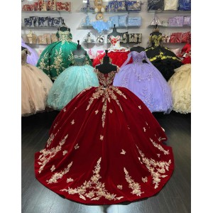 Of The Shoulder Burgundy Quinceanera Dress Sweetheart Metallic Leaf 15 Dresses With Three Dimensional Butterfly Ball Gown