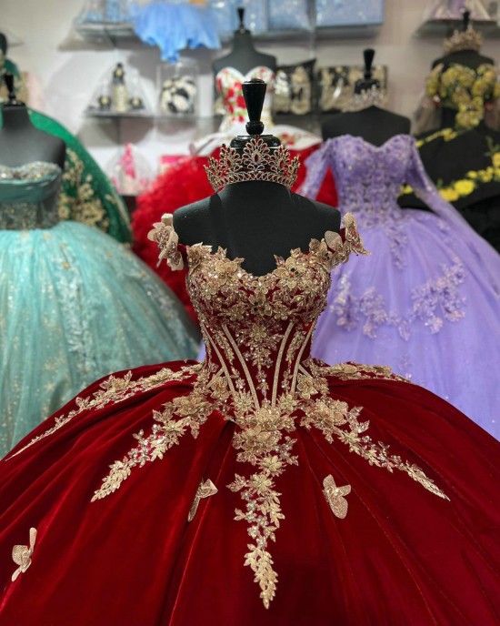 Of The Shoulder Burgundy Quinceanera Dress Sweetheart Metallic Leaf 15 Dresses With Three Dimensional Butterfly Ball Gown