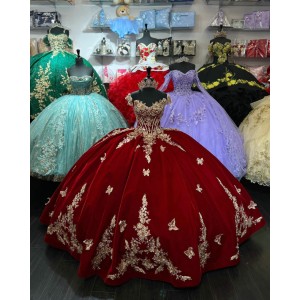 Of The Shoulder Burgundy Quinceanera Dress Sweetheart Metallic Leaf 15 Dresses With Three Dimensional Butterfly Ball Gown