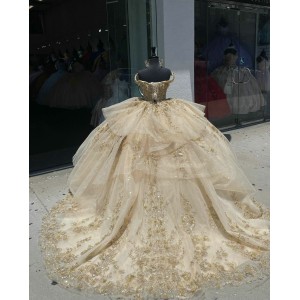 Of The Shoulder Champagne Quinceanera Dress Leaf Three Dimensional Flowers Ball Gown 15 Dresses