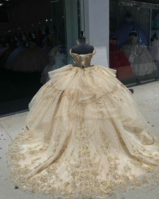 Of The Shoulder Champagne Quinceanera Dress Leaf Three Dimensional Flowers Ball Gown 15 Dresses