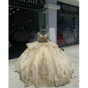 Of The Shoulder Champagne Quinceanera Dress Leaf Three Dimensional Flowers Ball Gown 15 Dresses