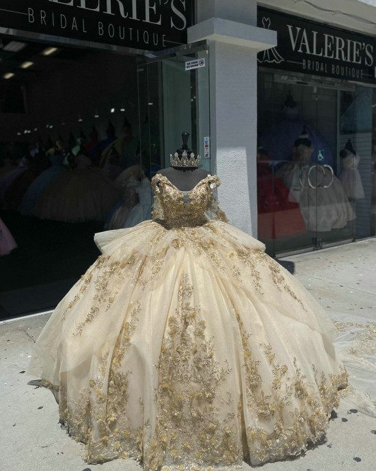 Of The Shoulder Champagne Quinceanera Dress Leaf Three Dimensional Flowers Ball Gown 15 Dresses