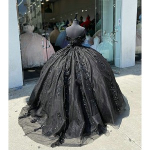 Off Shoulder Black Quinceanera Dress Sweetheart Beading 15 Dresses With 3D Floral Appliques Ball Gown