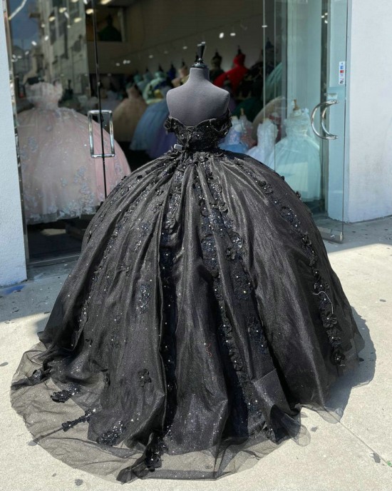 Off Shoulder Black Quinceanera Dress Sweetheart Beading 15 Dresses With 3D Floral Appliques Ball Gown