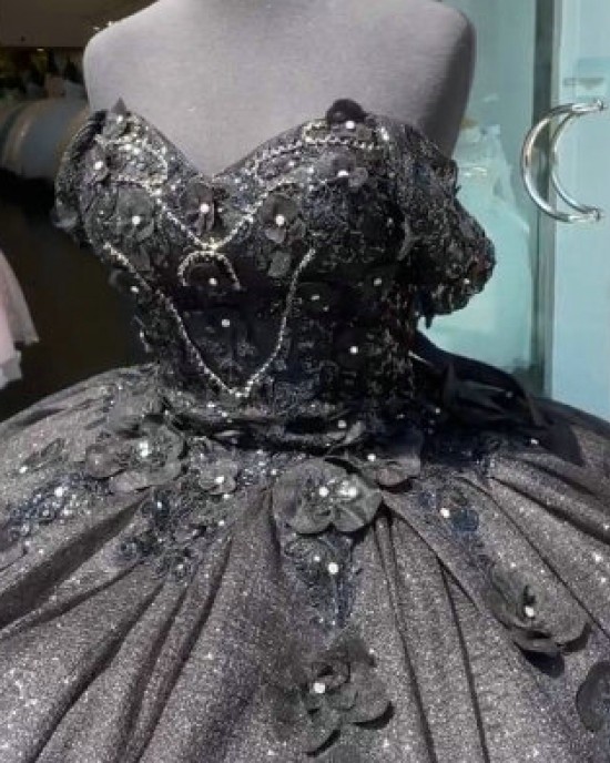 Off Shoulder Black Quinceanera Dress Sweetheart Beading 15 Dresses With 3D Floral Appliques Ball Gown