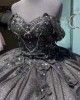 Off Shoulder Black Quinceanera Dress Sweetheart Beading 15 Dresses With 3D Floral Appliques Ball Gown