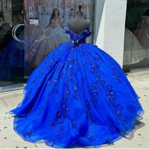 Off Shoulder Blue Quince Dress Lace Appliques Ball Gown V Neck 15 Dresses