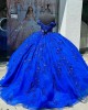 Off Shoulder Blue Quince Dress Lace Appliques Ball Gown V Neck 15 Dresses