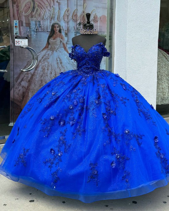 Off Shoulder Blue Quince Dress Lace Appliques Ball Gown V Neck 15 Dresses