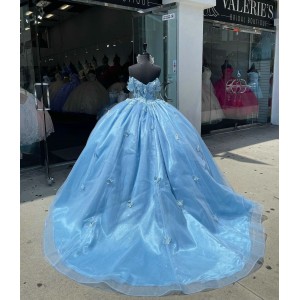 Off Shoulder Blue Quinceanera Dress Sweetheart Lace Appliques 15 Dresses With Three Dimensional Butterfly