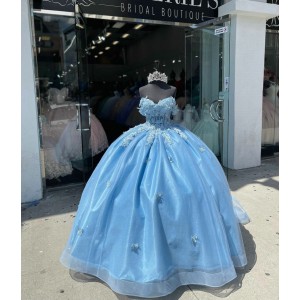 Off Shoulder Blue Quinceanera Dress Sweetheart Lace Appliques 15 Dresses With Three Dimensional Butterfly