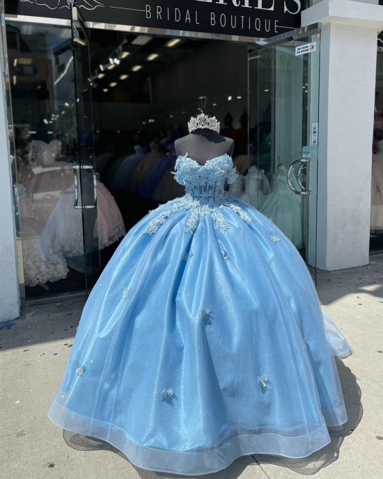 Off Shoulder Blue Quinceanera Dress Sweetheart Lace Appliques 15 Dresses With Three Dimensional Butterfly