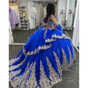 Off Shoulder Blue Quinceanera Dress Sweetheart Neck 15 Dresses Metallic Sequin Ball Gown