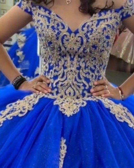 Off Shoulder Blue Quinceanera Dress Sweetheart Neck 15 Dresses Metallic Sequin Ball Gown