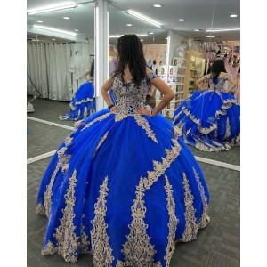 Off Shoulder Blue Quinceanera Dress Sweetheart Neck 15 Dresses Metallic Sequin Ball Gown