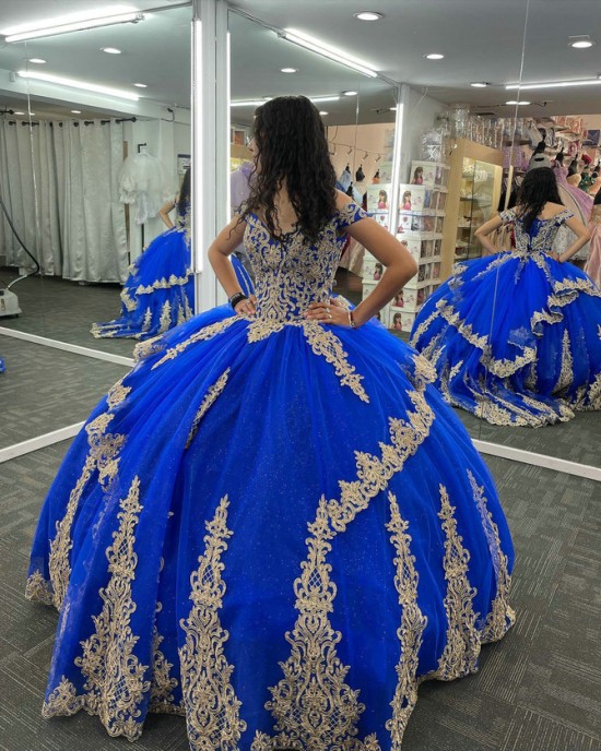 Off Shoulder Blue Quinceanera Dress Sweetheart Neck 15 Dresses Metallic Sequin Ball Gown