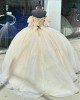 Off Shoulder Champagne Quince Dress Sweetheart Crystal Ball Gown Metallic Sequin 15 Dresses