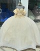 Off Shoulder Champagne Quince Dress Sweetheart Crystal Ball Gown Metallic Sequin 15 Dresses