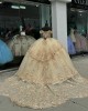 Off Shoulder Champagne Quince Dress Sweetheart Neck Ball Gown Crystal 15 Dresses With 3D Floral Appliques