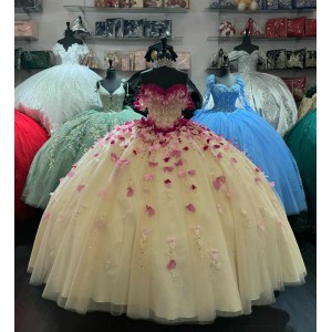 Off Shoulder Champagne Quinceanera Dresses Sweetheart Ball Gown 15 Dress With 3D Floral Appliques