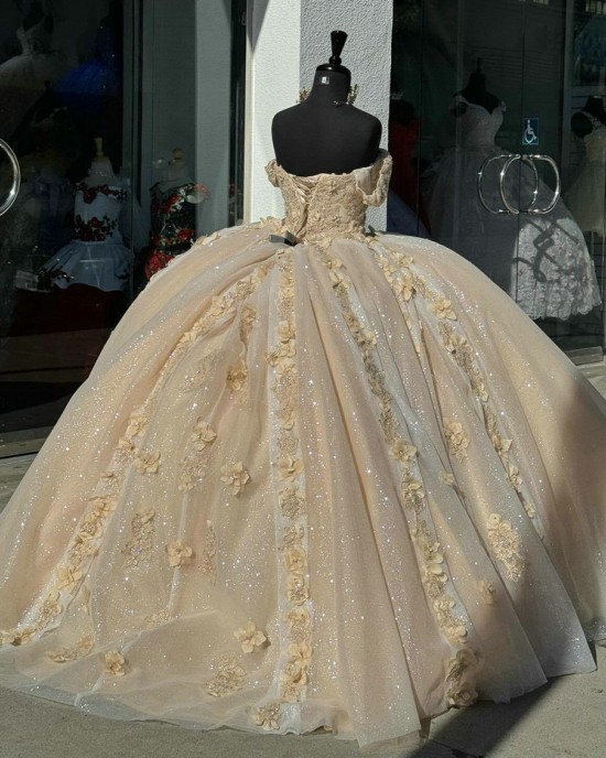 Off Shoulder Champagne Quinceanera Dresses Sweetheart Neck Ball Gown 15 Dress With 3D Floral Appliques