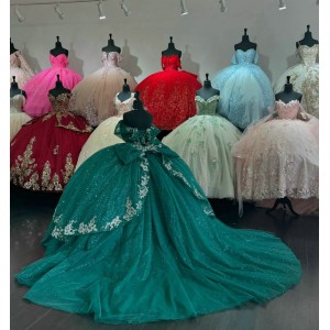 Off Shoulder Emerald Green Quince Dress Sweetheart Neck Ball Gown Beading 15 Dresses With Bow