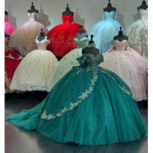 Off Shoulder Emerald Green Quince Dress Sweetheart Neck Ball Gown Beading 15 Dresses With Bow