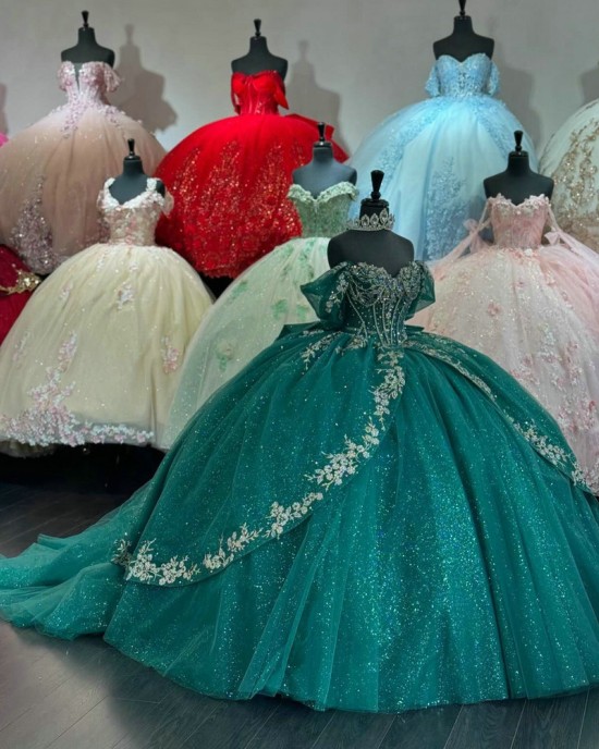 Off Shoulder Emerald Green Quince Dress Sweetheart Neck Ball Gown Beading 15 Dresses With Bow