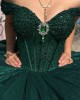 Off Shoulder Emerald Green Quince Dress Sweetheart Neck Crystal Ball Gown Metallic Sequin 15 Dresses