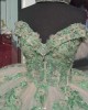 Off Shoulder Green On Pink Quinceanera Dresses V Neck Lace Appliques 15 Dress