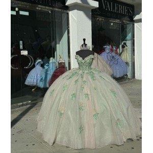 Off Shoulder Green On Pink Quinceanera Dresses V Neck Lace Appliques 15 Dress