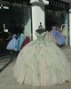 Off Shoulder Green On Pink Quinceanera Dresses V Neck Lace Appliques 15 Dress