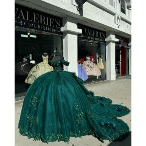 Off Shoulder Green Quinceanera Dresses Sweetheart Neck Metallic Sequin Crystal  15 Dress With 3D Floral Appliques