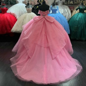 Off Shoulder Hot Pink Quinceanera Dresses Sweetheart Ball Gown Metallic Sequin 15 Dress With Bow