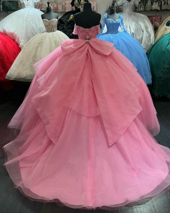 Off Shoulder Hot Pink Quinceanera Dresses Sweetheart Ball Gown Metallic Sequin 15 Dress With Bow