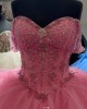 Off Shoulder Hot Pink Quinceanera Dresses Sweetheart Ball Gown Metallic Sequin 15 Dress With Bow