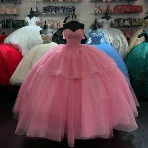 Off Shoulder Hot Pink Quinceanera Dresses Sweetheart Ball Gown Metallic Sequin 15 Dress With Bow