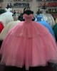 Off Shoulder Hot Pink Quinceanera Dresses Sweetheart Ball Gown Metallic Sequin 15 Dress With Bow