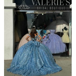 Off Shoulder Light Blue Quinceanera Dresses Sheer Bodice Ball Gown Metallic Sequin 15 Dress With Bow