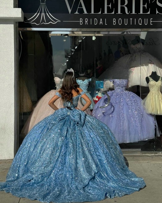 Off Shoulder Light Blue Quinceanera Dresses Sheer Bodice Ball Gown Metallic Sequin 15 Dress With Bow