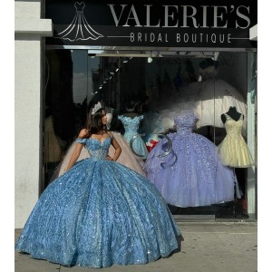 Off Shoulder Light Blue Quinceanera Dresses Sheer Bodice Ball Gown Metallic Sequin 15 Dress With Bow