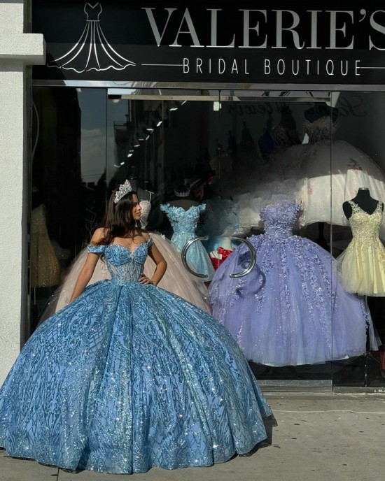 Off Shoulder Light Blue Quinceanera Dresses Sheer Bodice Ball Gown Metallic Sequin 15 Dress With Bow